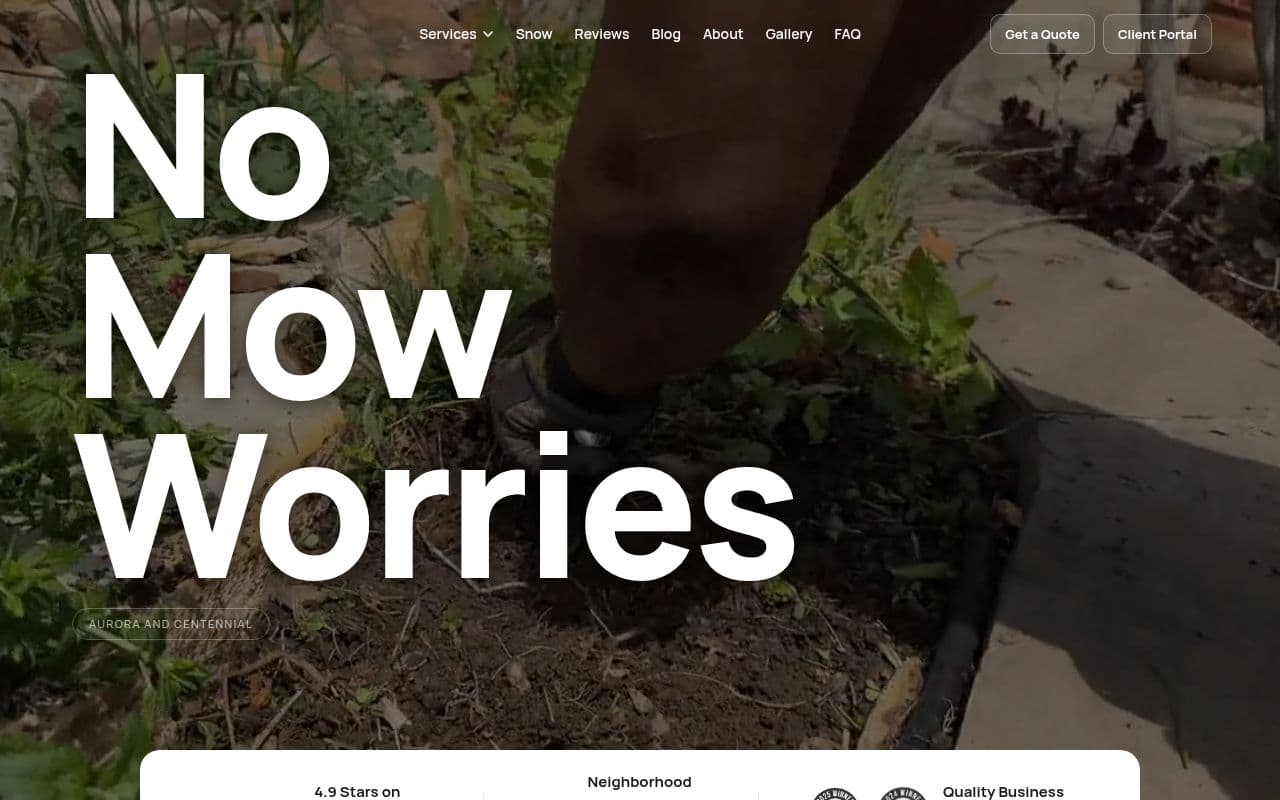 No Mow Worries homepage: the company name in large white letters over a photo of garden edging work, with a Get a Quote button.